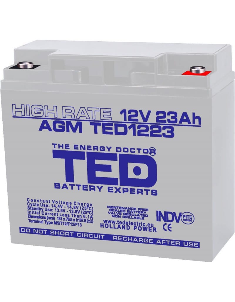 acumulator-agm-vrla-12v-23a-high-rate-181mm-x-76mm-x-h-167mm-m5-ted-battery-expert-holland-2_11769_1_1656675623 Acumulator 12V High Rate, Dimensiuni 181 x 76 x 167 mm, Baterie 12V 23Ah M5, TED Electric TED003362 - imagine 1