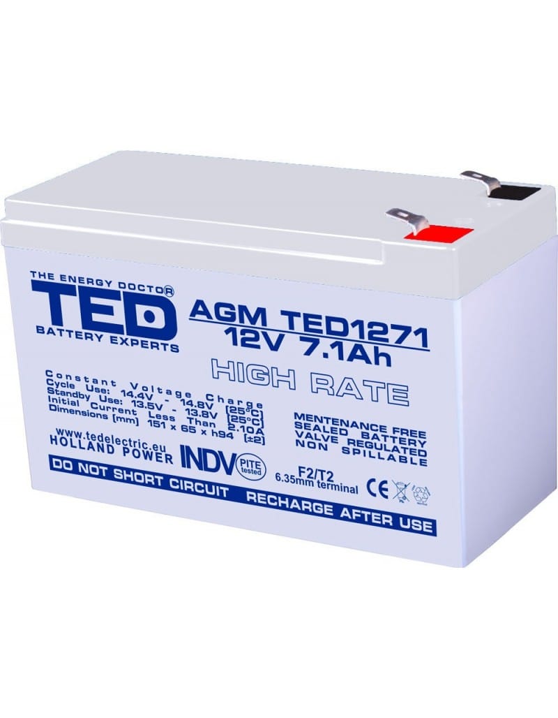 acumulator-agm-vrla-12v-71a-high-rate-151mm-x-65mm-x-h-95mm-f2-ted-battery-expert-holland-5_11759_1_1656675619 Acumulator 12V High Rate, Dimensiuni 151 x 65 x 95 mm, Baterie 12V 7.1Ah F2, TED Electric TED003300 - imagine 1